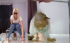 Blonde mistress with black glasses feeding slave